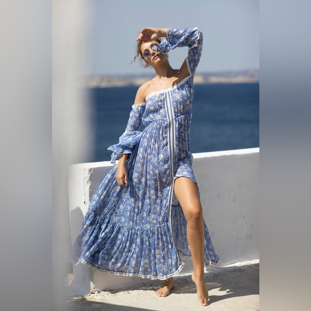Blue Ruffled Tiered One Shoulder Sundress